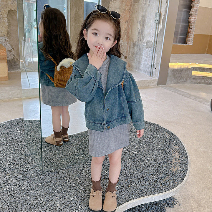 【90-140】ニットワンピース×デニムジャケットセット