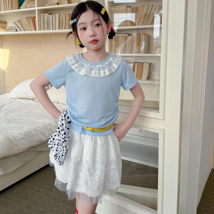 【100-150】レースラッフルカラーTシャツ