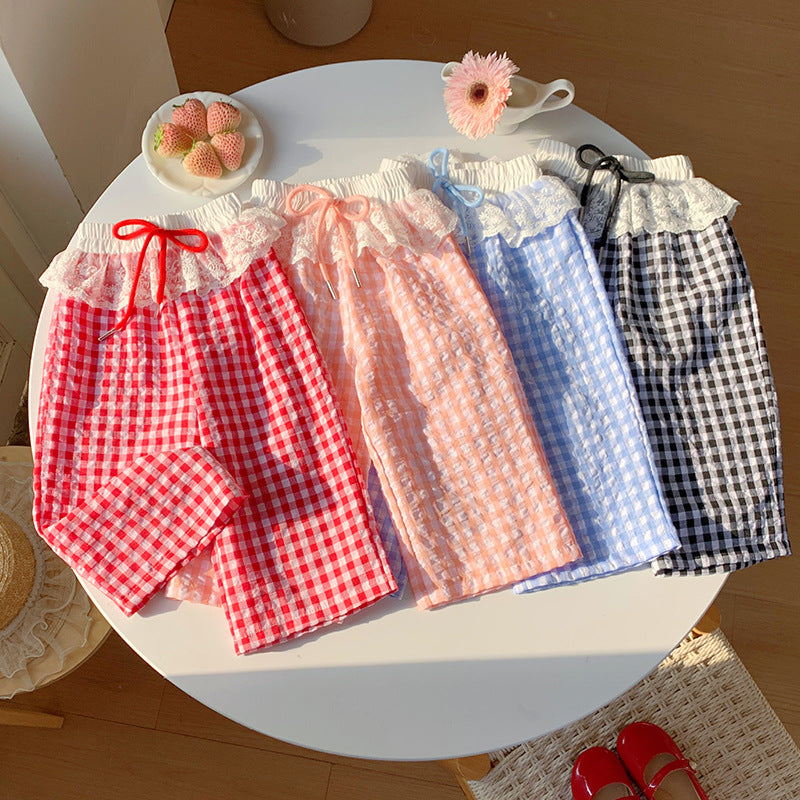 【90-150】ウエストレースギンガムチェックパンツ