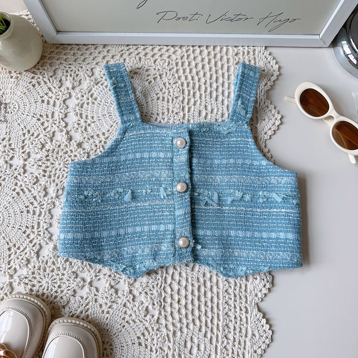 【90-140】肩フリルブラウス×ベスト×プリーツスカートセット