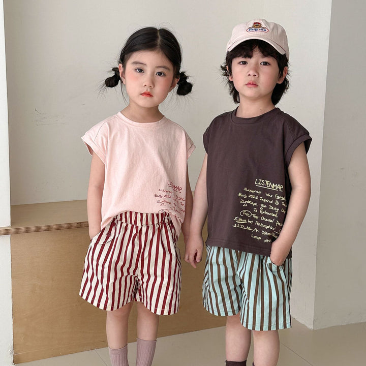 【80-150】フレンチスリーブトップス×ストライプハーフパンツセット