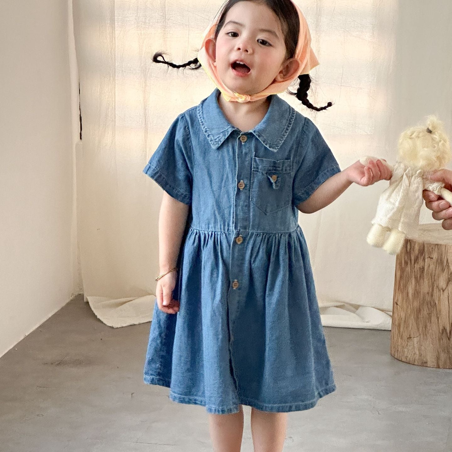 80-150】半袖デニムシャツワンピース｜ELMO-こども服エルモ- – こども