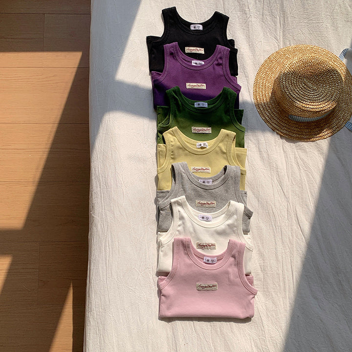 【90-150】ワンポイントワッペンノースリーブトップス