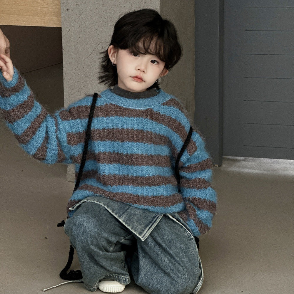 【90-150】ボーダー柄ニットプルオーバー