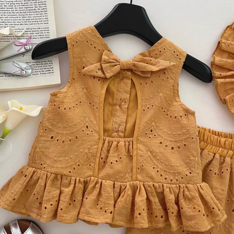 【90-150】帽子付きバックリボントップス×ショートパンツセット