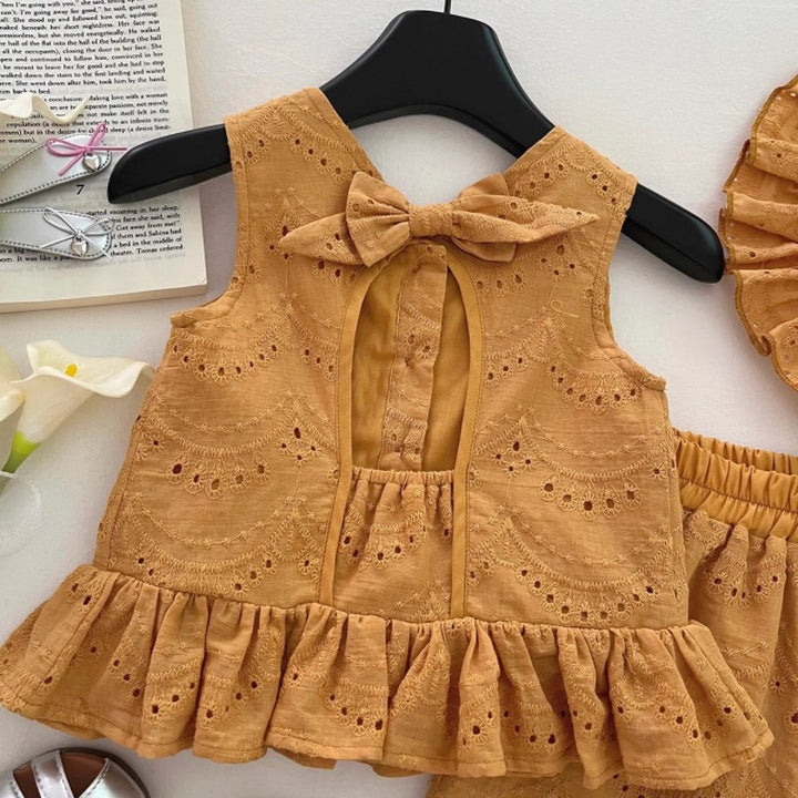 【90-150】帽子付きバックリボントップス×ショートパンツセット