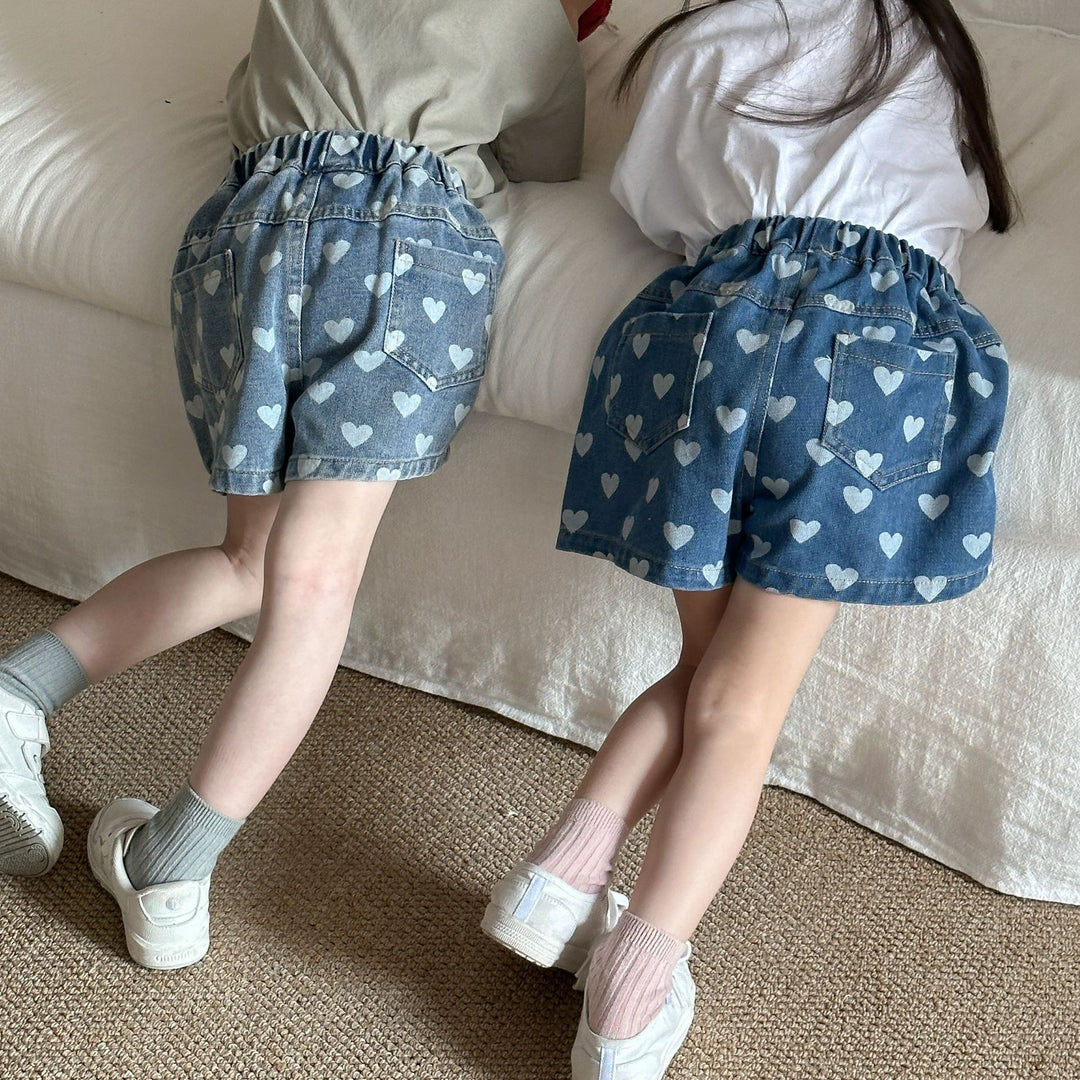 【80-120】ハート柄デニムショートパンツ