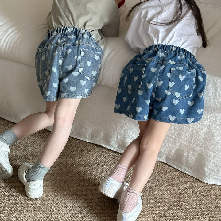 【80-120】ハート柄デニムショートパンツ