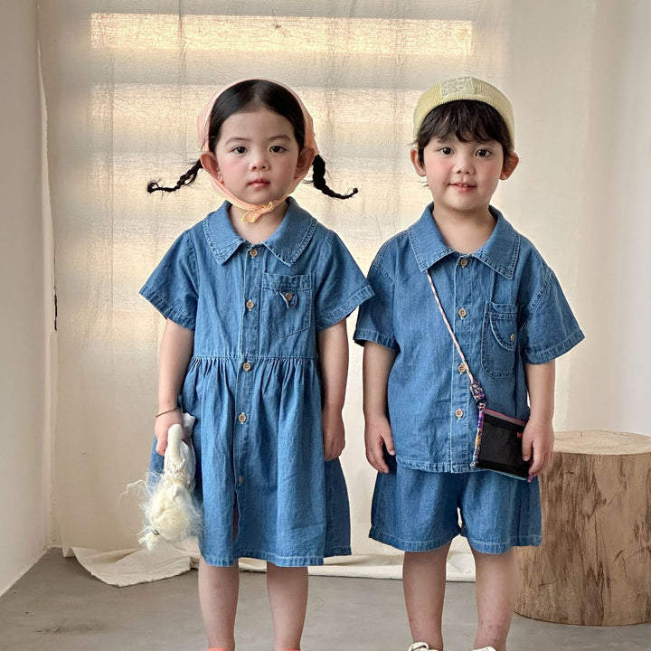 【80-150】半袖デニムシャツワンピース