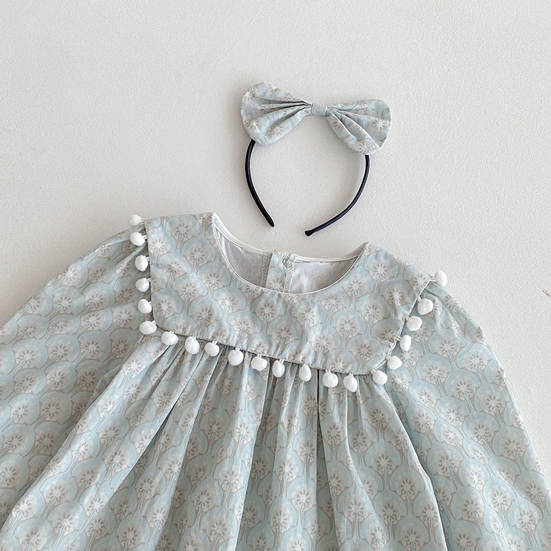 【90-140】ミニポンポンデザイン長袖ワンピース