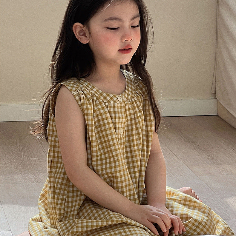 【90-150】ギンガムチェックノースリーブシャツワンピース