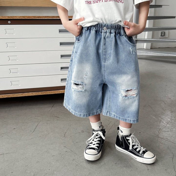 【90-150】ダメージ加工ミドル丈デニムパンツ