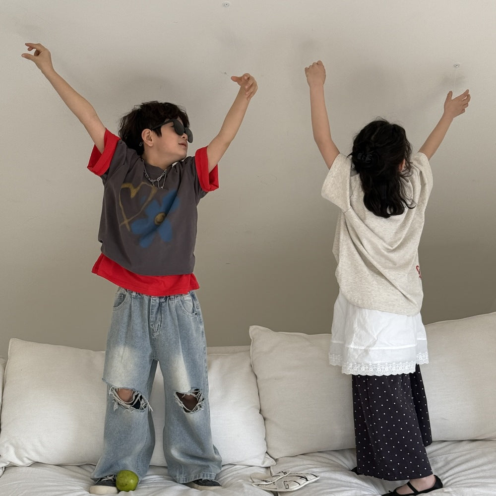 【90-150】ハート＆フラワーTシャツ