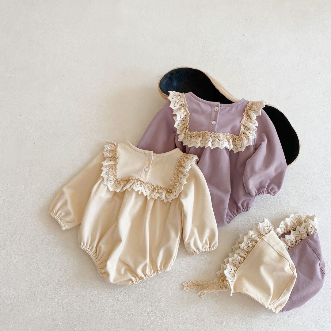 【73-100】帽子付きレースデザインロンパース