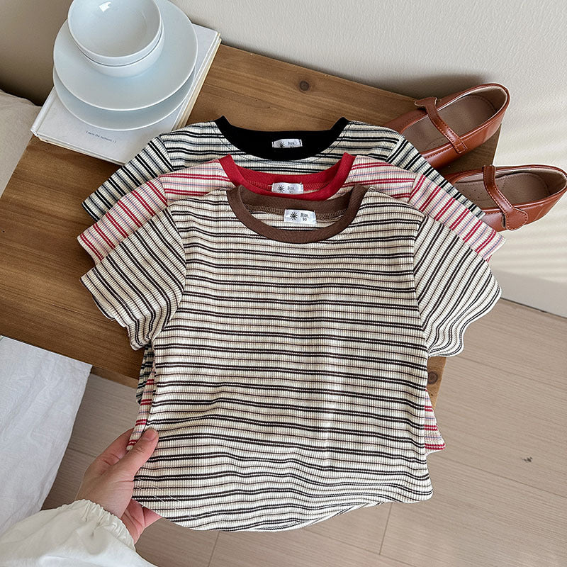 【90-140】マルチカラーシンプルボーダーTシャツ