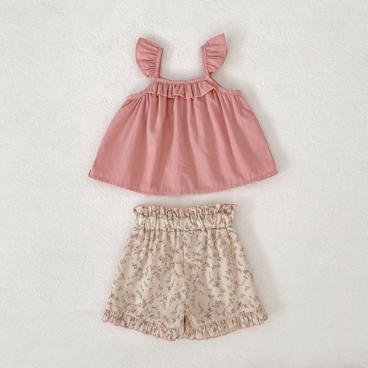 【73-110】フリルキャミソール×小花柄ショートパンツセット