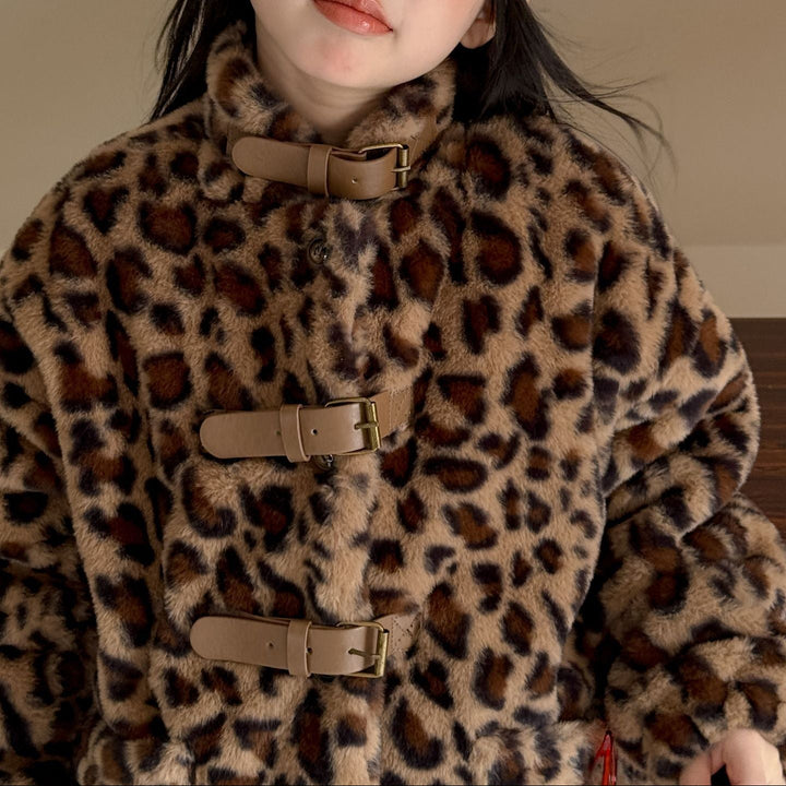 【100-150】レオパード柄スタンドカラーショートコート