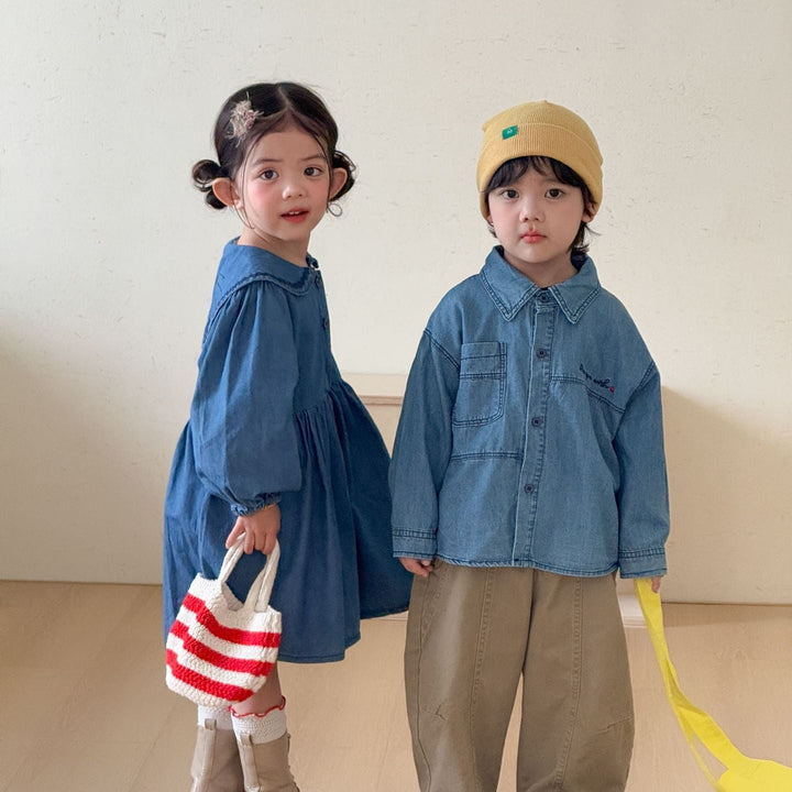 【80-150】ワンポイントロゴデニムシャツ