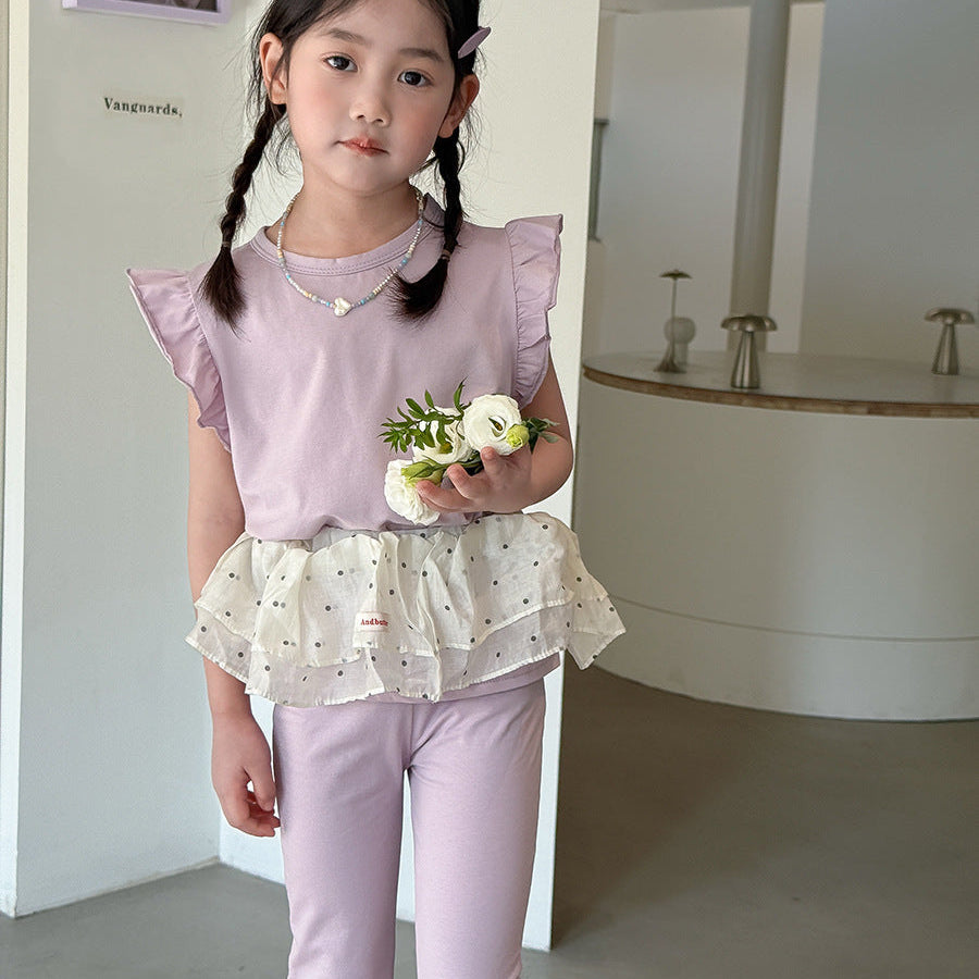 【90-140】ショルダーフリルノースリーブ×フレアパンツセット