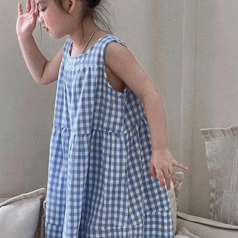 【90-150】ギンガムチェックマキシ丈ワンピース