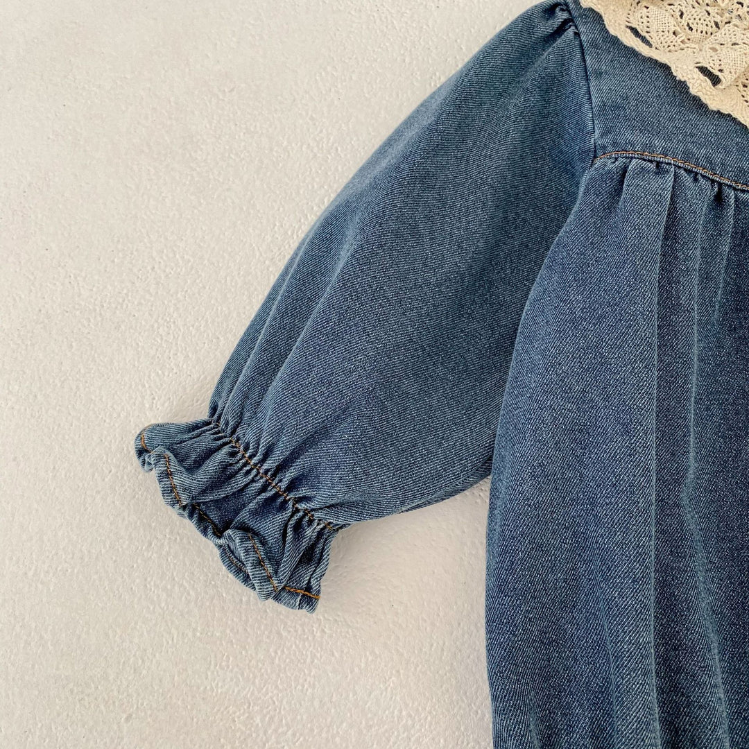 【73-90】レースカラーデニムロンパース