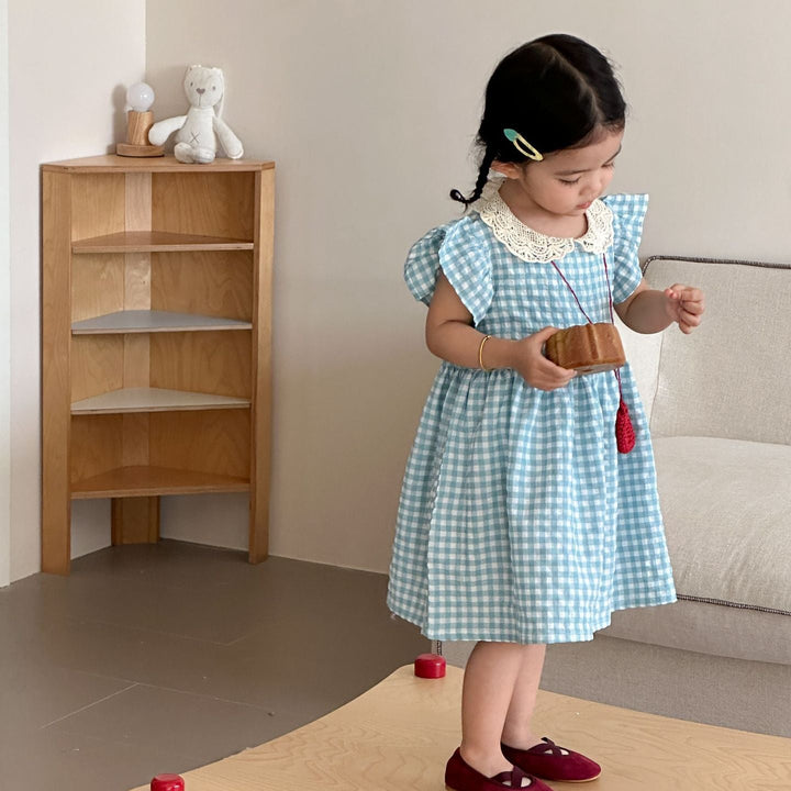 【80-150】レースカラーギンガムチェックワンピース