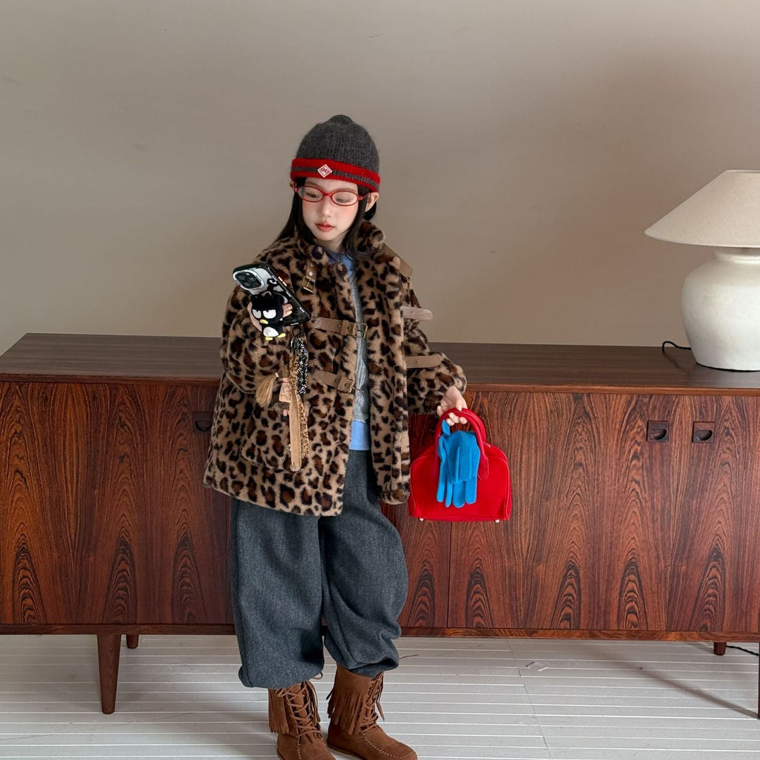 【100-150】レオパード柄スタンドカラーショートコート