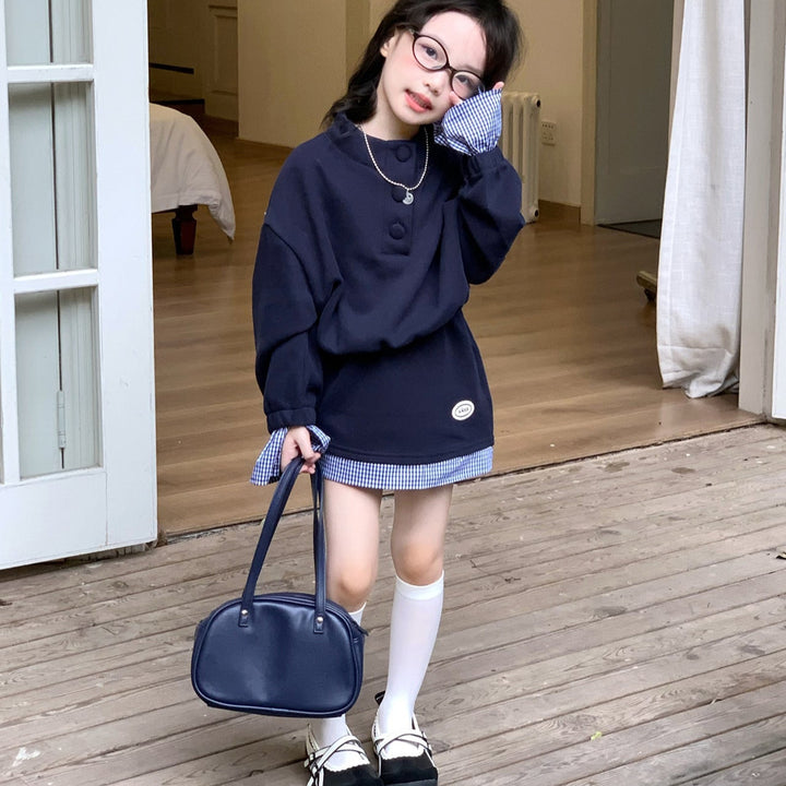 【90-140】デザイン切替長袖トップス×ミニスカートセット