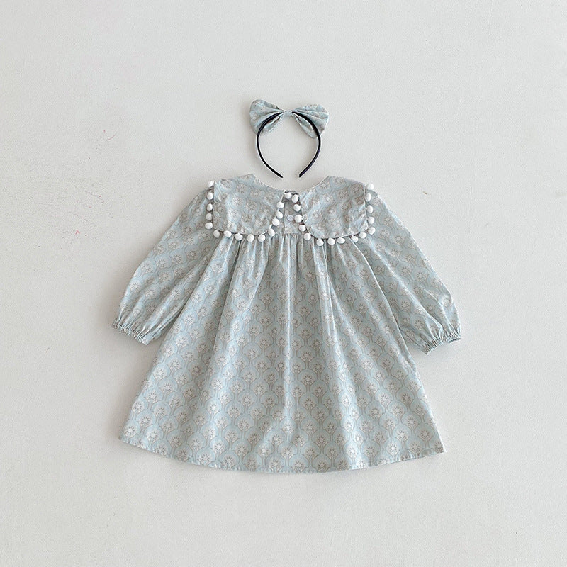 【90-140】ミニポンポンデザイン長袖ワンピース