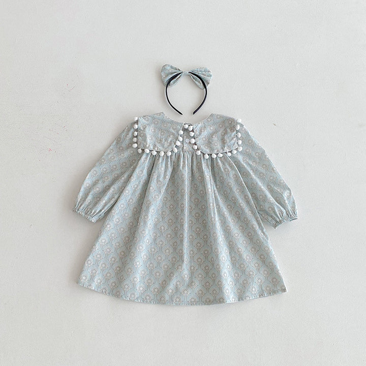 【90-140】ミニポンポンデザイン長袖ワンピース