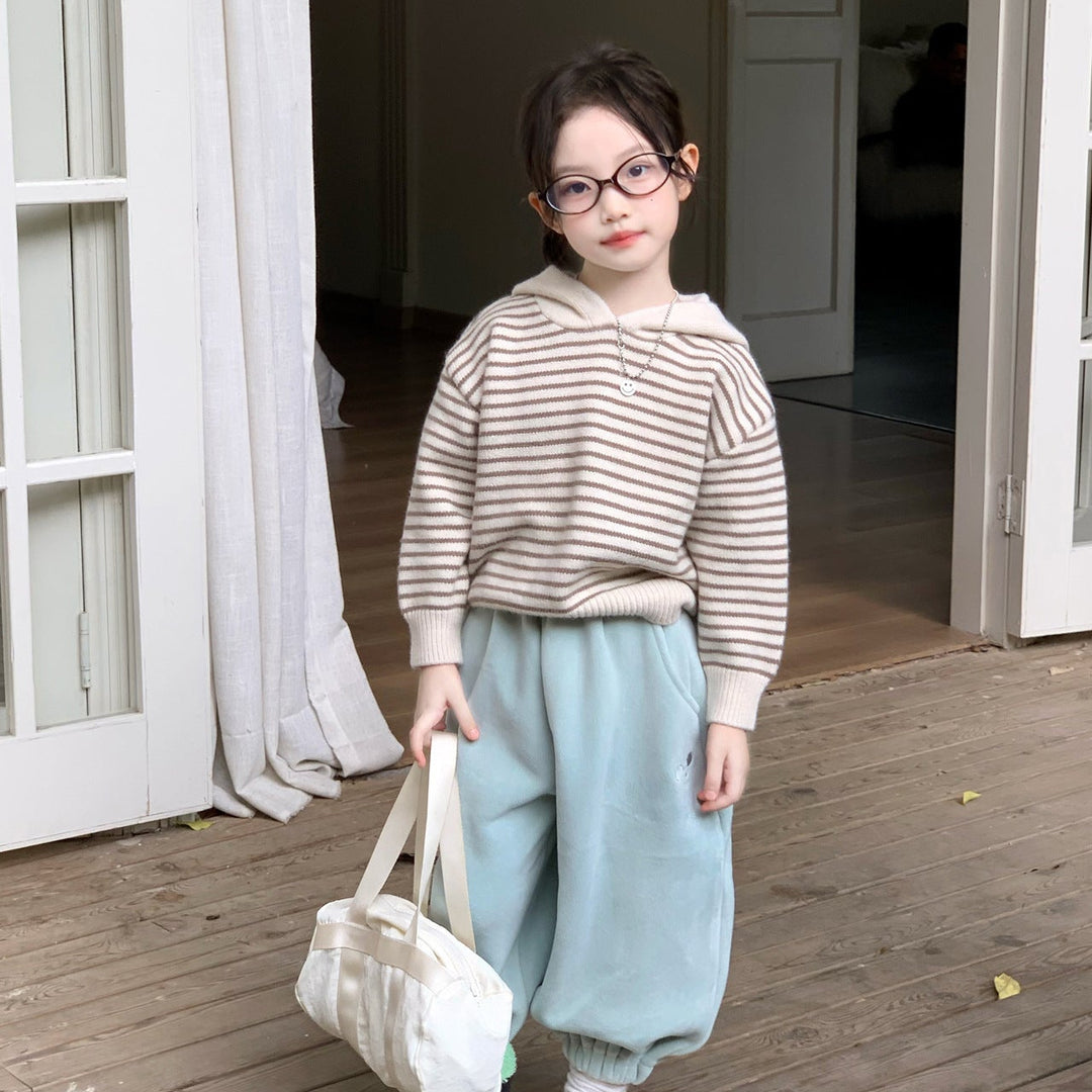 【90-140】ボーダー柄フーディーニット