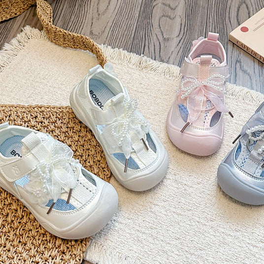 【14.5-21.5】パールフラワー＆リボンメッシュサンダル