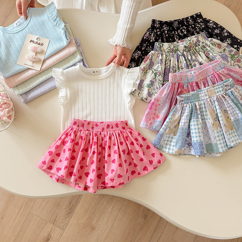 【90-140】ノースリトップス×総柄ショートパンツセット
