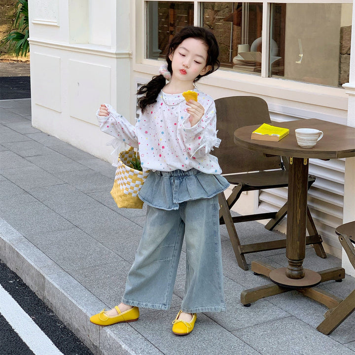 【90-140】レイヤード風ワイドデニムパンツ