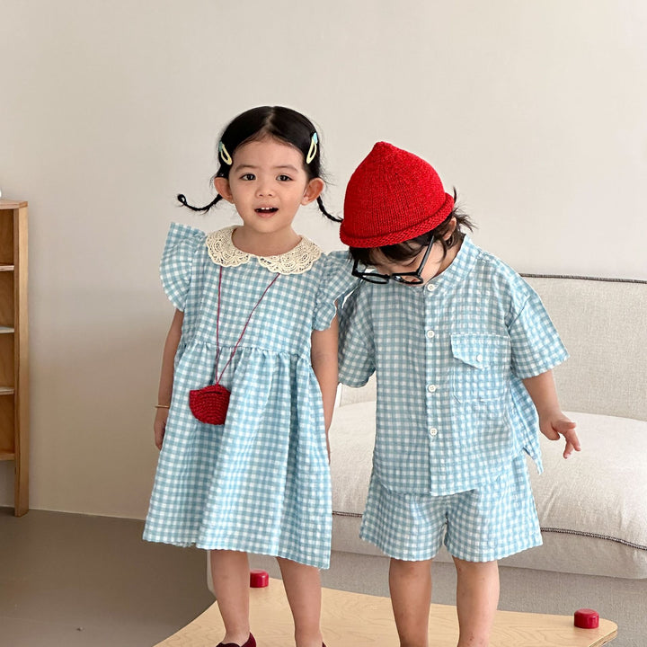 【80-150】レースカラーギンガムチェックワンピース
