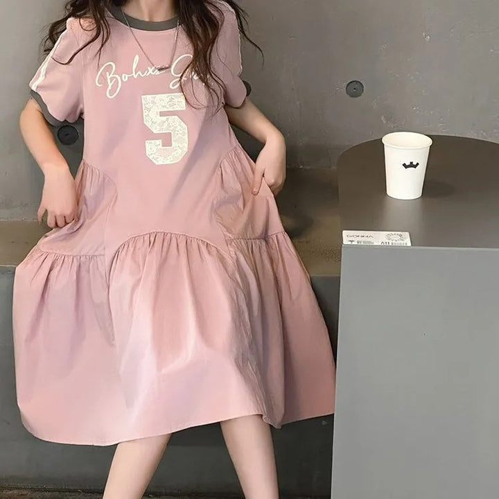 【120-150】デザイン切替半袖カジュアルワンピース