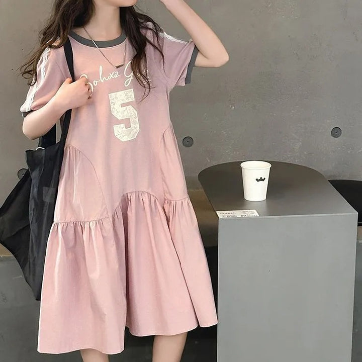 【120-150】デザイン切替半袖カジュアルワンピース