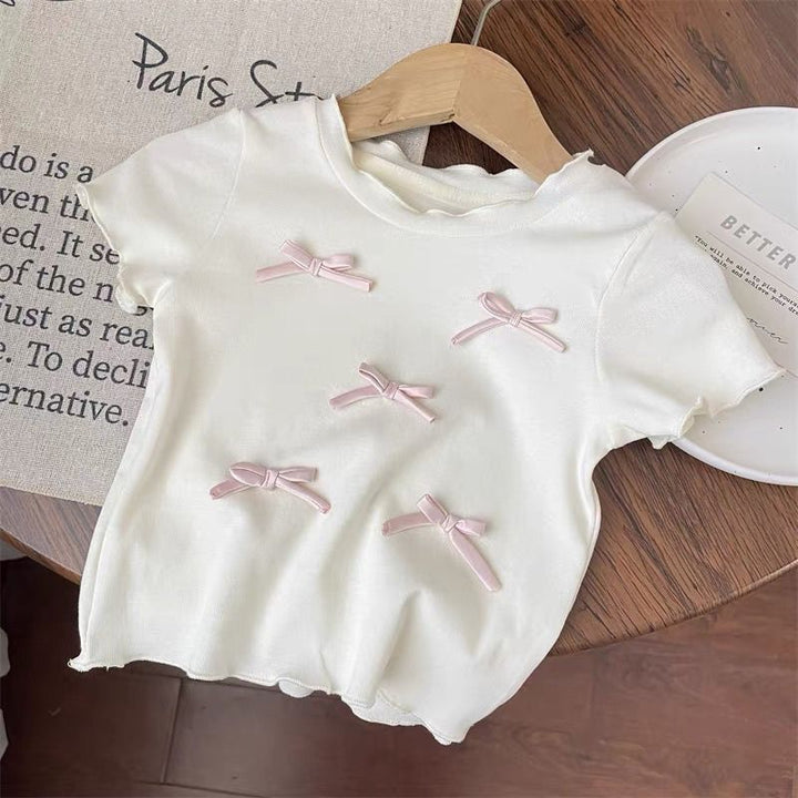 【90-140】リボンTシャツ×チェック柄ロングパンツセット