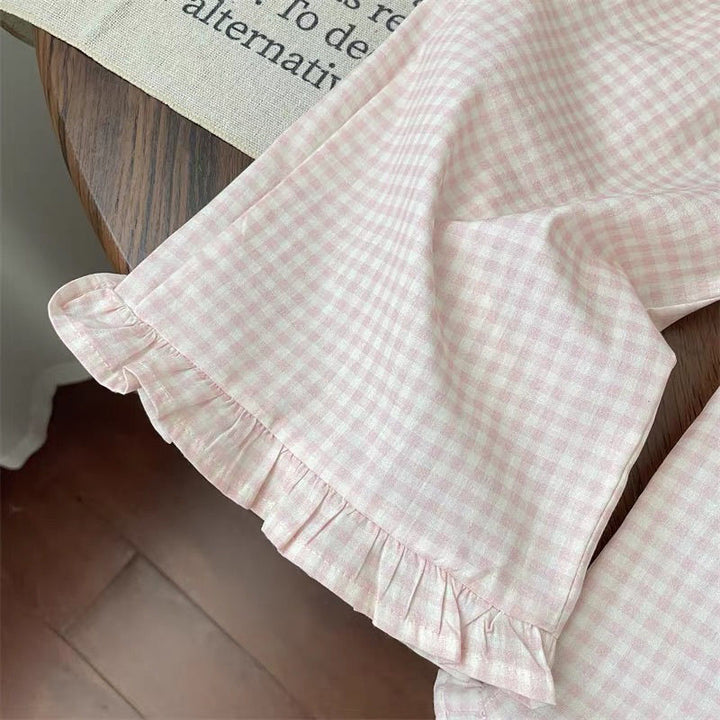 【90-140】リボンTシャツ×チェック柄ロングパンツセット