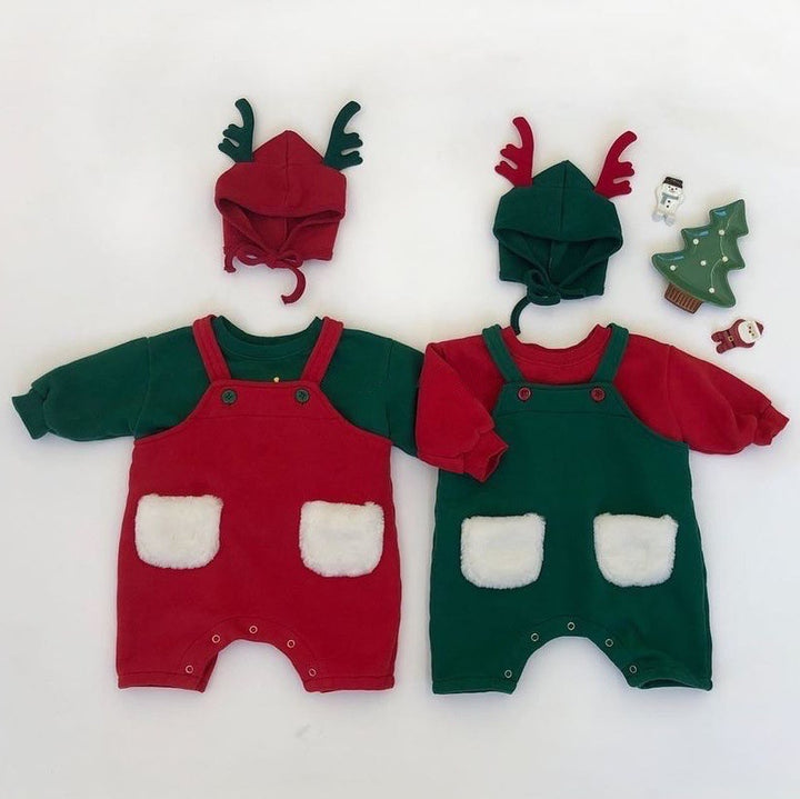 【クリスマス】クリスマスカラーサロペットロンパース