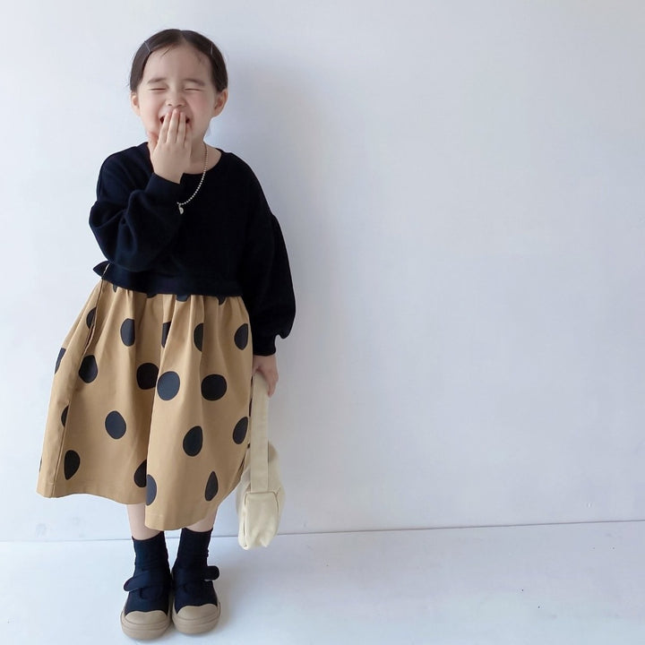 ドット柄スウェト切り替えワンピース