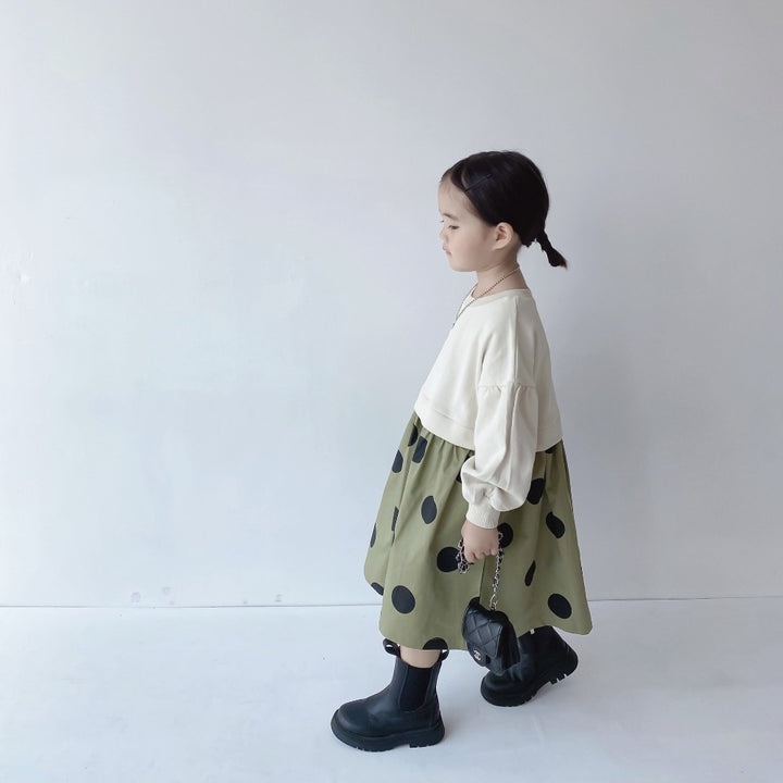 ドット柄スウェト切り替えワンピース