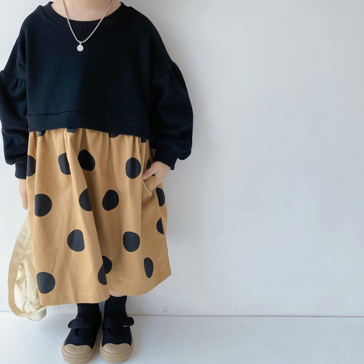 ドット柄スウェト切り替えワンピース
